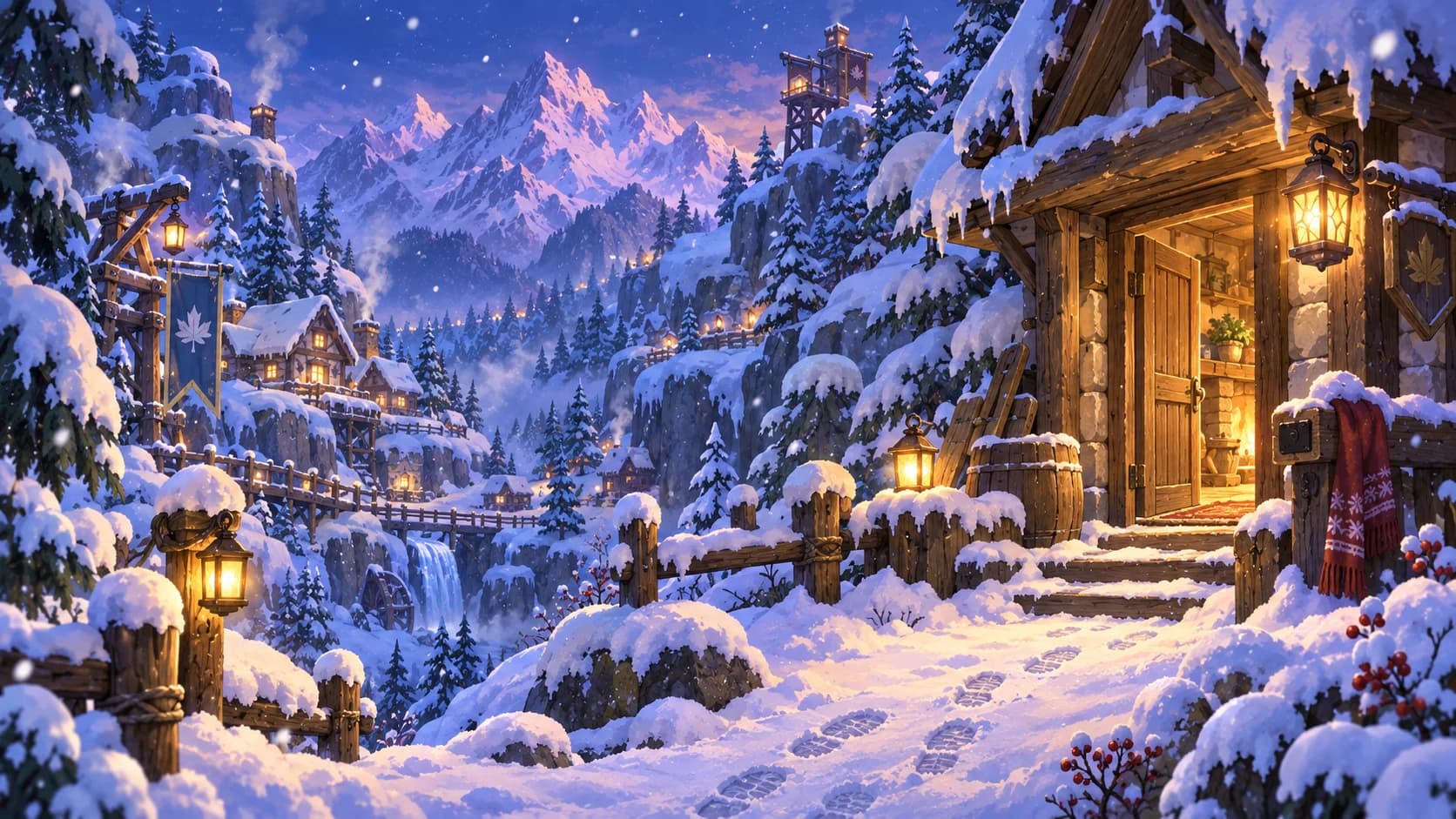 An imagined El Nath mountain village, snow-covered roofs and warm windows at dusk.