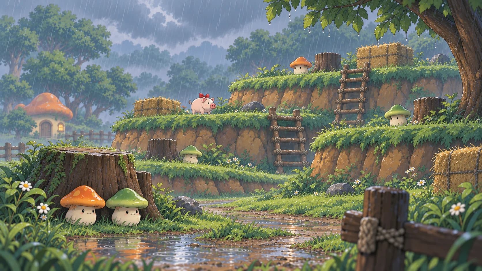 Warm mushroom houses and grassy paths in Henesys.