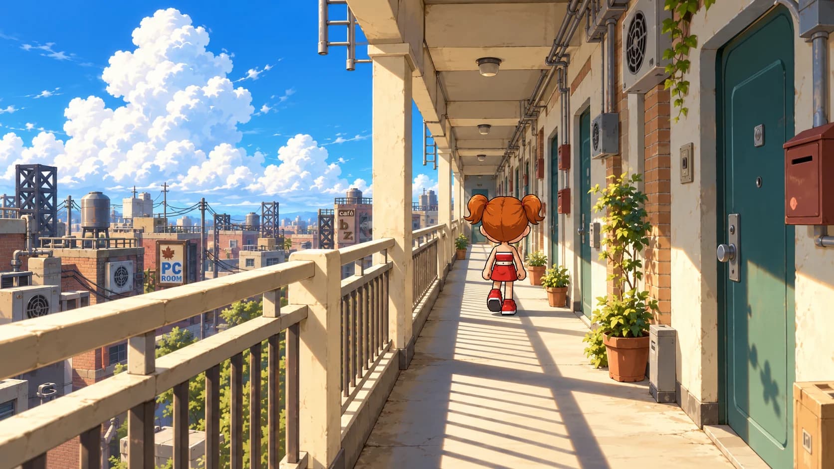 An orange-haired girl walking along a sunlit Kerning City balcony.