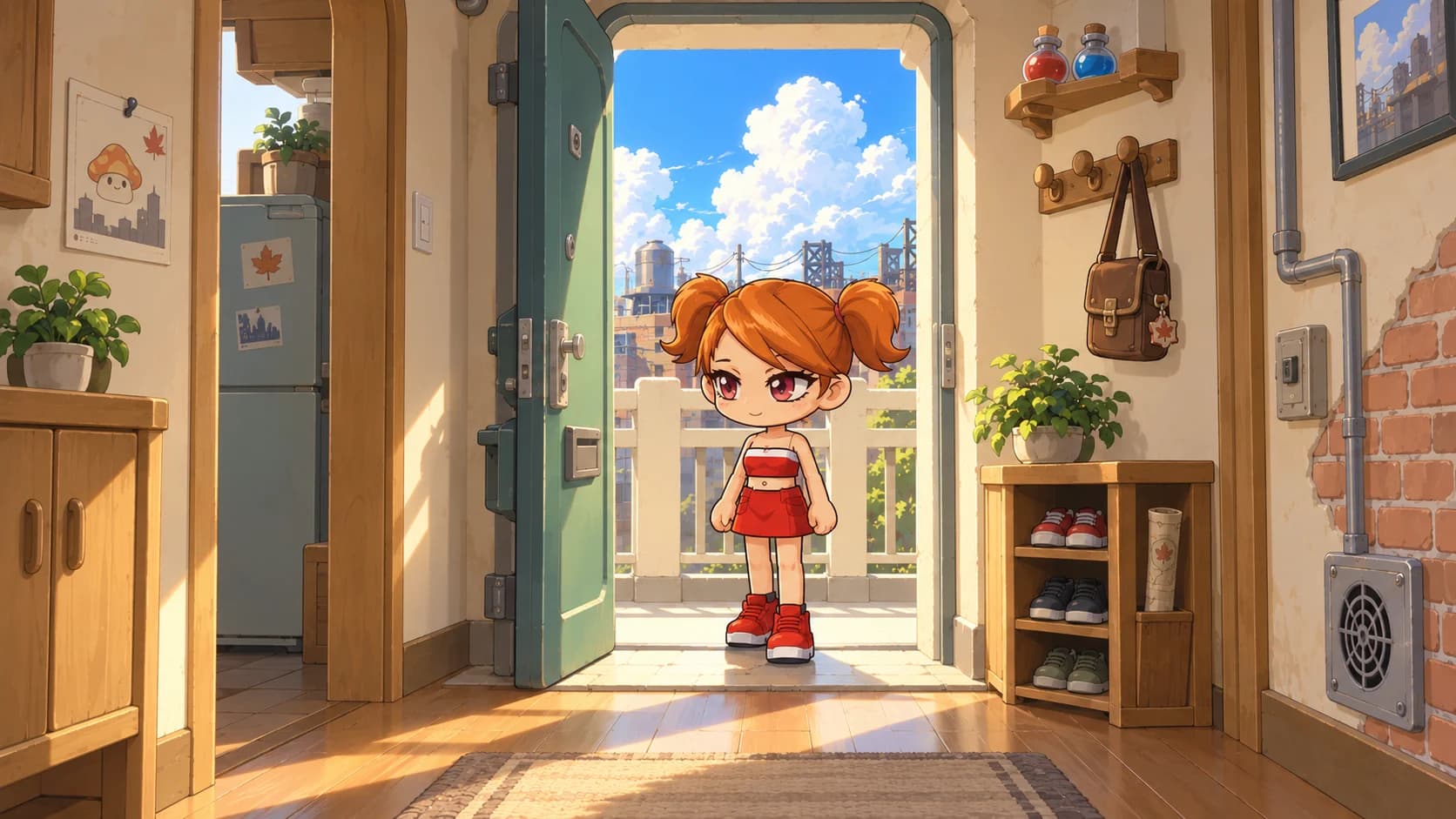 The girl arrives at her warm, light-filled apartment.