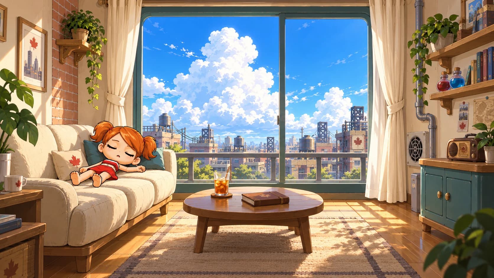 A quiet Kerning City living room with a girl resting on the sofa.